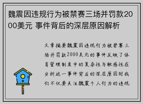 魏震因违规行为被禁赛三场并罚款2000美元 事件背后的深层原因解析